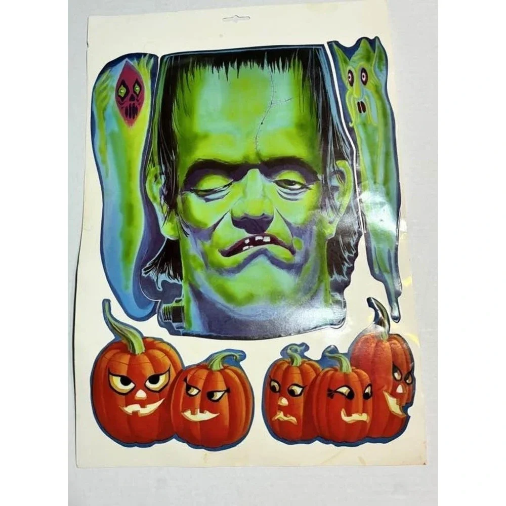 Halloween Window Clings Multicolor Frankenstein Pumpkins Vintage Vinyl Decor